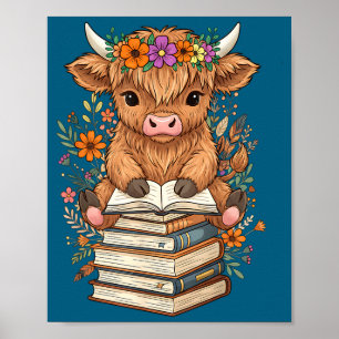 Cute Baby Highland Cow Reading Book Librarian Book Poster