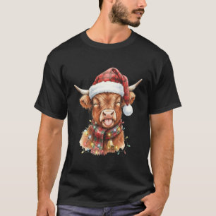 Cute Baby Highland Cow Santa Hat Scottish Plaid Xm T-Shirt