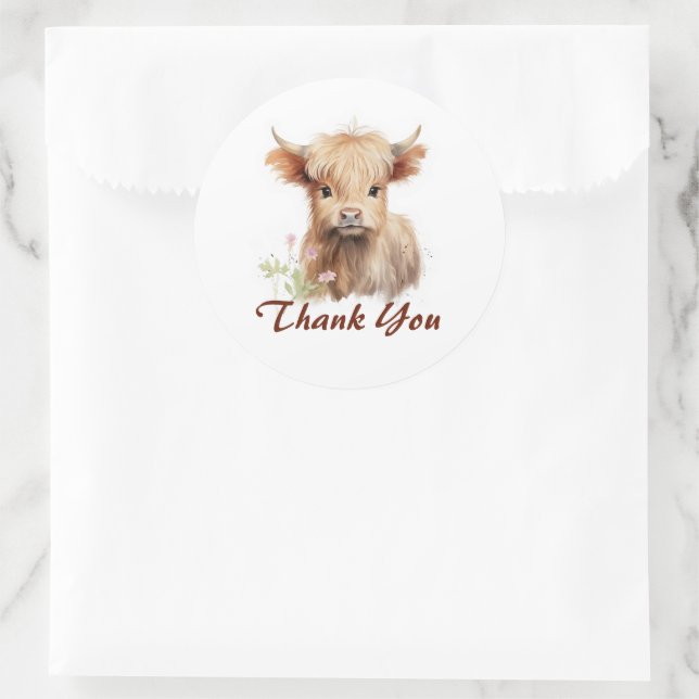 Cute Baby Highland Cow Spring Flowers Personalised Classic Round Sticker (Bag)
