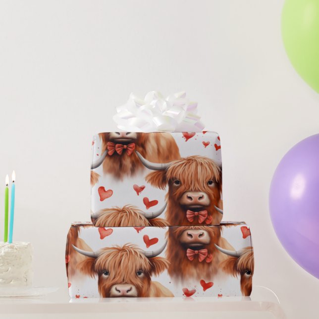 Cute Baby Highland Cow Valentine Heart Pattern 2 Wrapping Paper (Party Gifts)