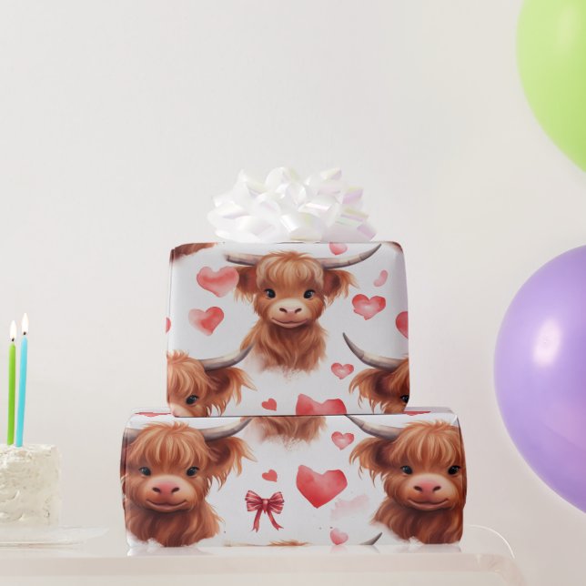 Cute Baby Highland Cow Valentine Heart Pattern 3 Wrapping Paper (Party Gifts)