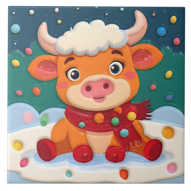 Cute Baby Highland Cow w Christmas Lights on Teal Ceramic Tile (Front)