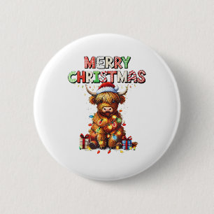 Cute Baby Highland Cow With Christmas Lights 6 Cm Round Badge