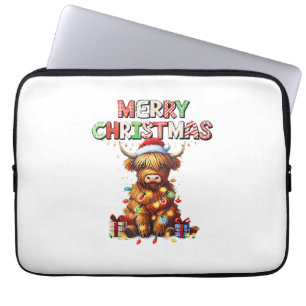 Cute Baby Highland Cow With Christmas Lights Laptop Sleeve