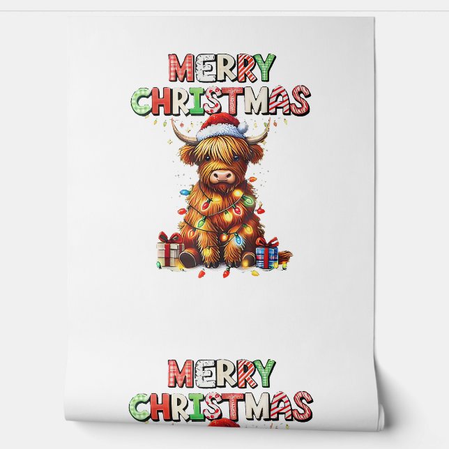 Cute Baby Highland Cow With Christmas Lights  Wallpaper (Unrolling)