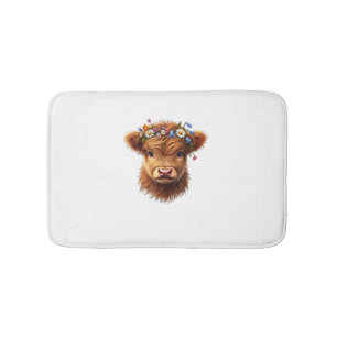 Cute Baby Highland Cow With Crown Of Flowers Calf Bath Mat