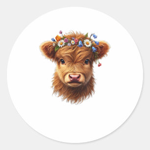 Cute Baby Highland Cow With Crown Of Flowers Calf Classic Round Sticker