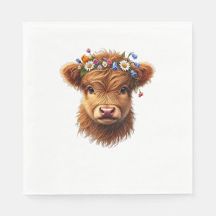 Cute Baby Highland Cow With Crown Of Flowers Calf  Napkin