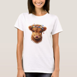 Cute Baby Highland Cow With Crown Of Flowers Calf T-Shirt