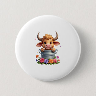 Cute Baby Highland Cow With flowers Calf Animal co 6 Cm Round Badge