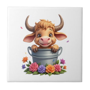 Cute Baby Highland Cow With flowers Calf Animal co Ceramic Tile