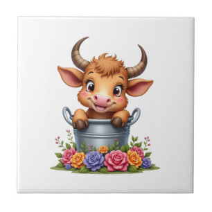 Cute Baby Highland Cow With flowers Calf Animal co Ceramic Tile