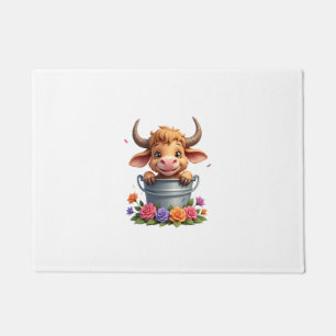 Cute Baby Highland Cow With flowers Calf Animal co Doormat