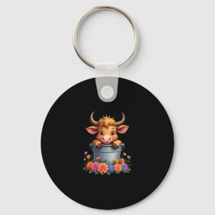 Cute Baby Highland Cow With flowers Calf Animal co Key Ring