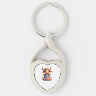 Cute Baby Highland Cow With flowers Calf Animal co Key Ring