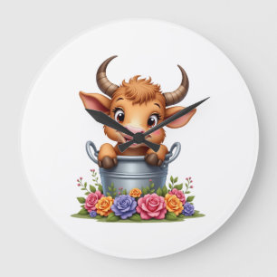 Cute Baby Highland Cow With flowers Calf Animal co Large Clock