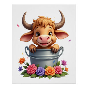 Cute Baby Highland Cow With flowers Calf Animal co Poster