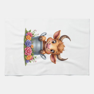 Cute Baby Highland Cow With flowers Calf Animal co Tea Towel