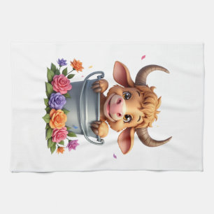 Cute Baby Highland Cow With flowers Calf Animal co Tea Towel
