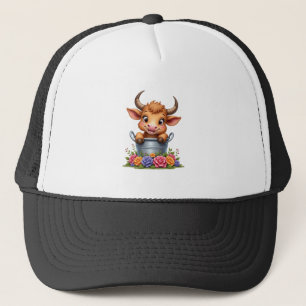 Cute Baby Highland Cow With flowers Calf Animal co Trucker Hat