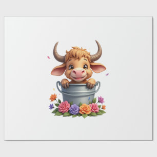 Cute Baby Highland Cow With flowers Calf Animal co Wrapping Paper