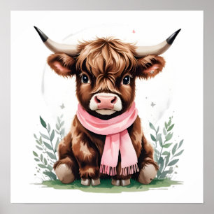Cute Baby Highland Cow with Flowers – Farm Nursery Poster