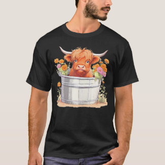 Cute Baby Highland Cow With Flowers Love Spring Pa T-Shirt