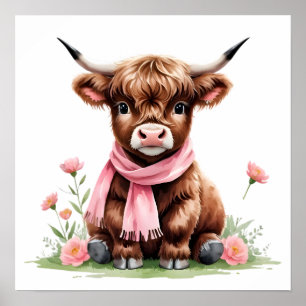 Cute Baby Highland Cow with Flowers Poster
