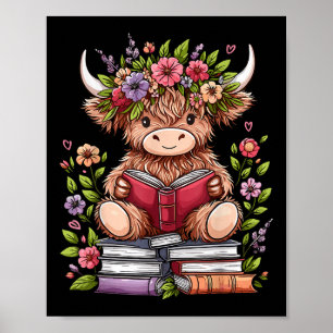 Cute Baby Highland Cow With Reading Book Bookworm Poster