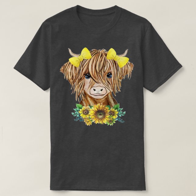 Cute Baby Highland Cow With Sunflowers Farm Farmer T-Shirt (Design Front)