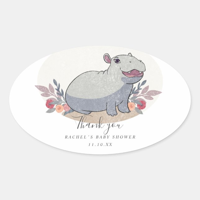 Cute baby hippo baby shower oval sticker (Front)