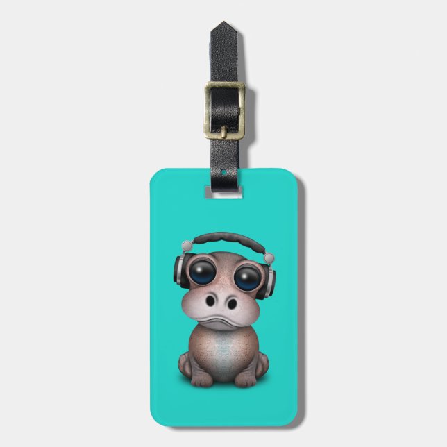 Cute Baby Hippo Dj Wearing Headphones Luggage Tag (Front Vertical)
