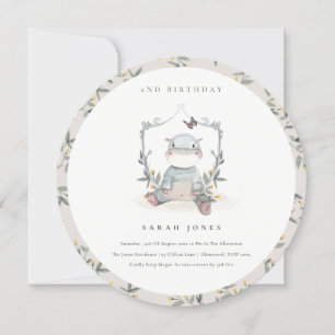 Cute Baby Hippo Foliage Any Age Birthday Invite