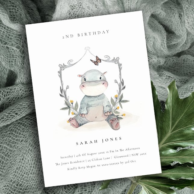Cute Baby Hippo Foliage Any Age Birthday Invite (Creator Uploaded)