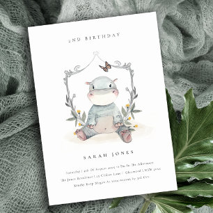 Cute Baby Hippo Foliage Any Age Birthday Invite