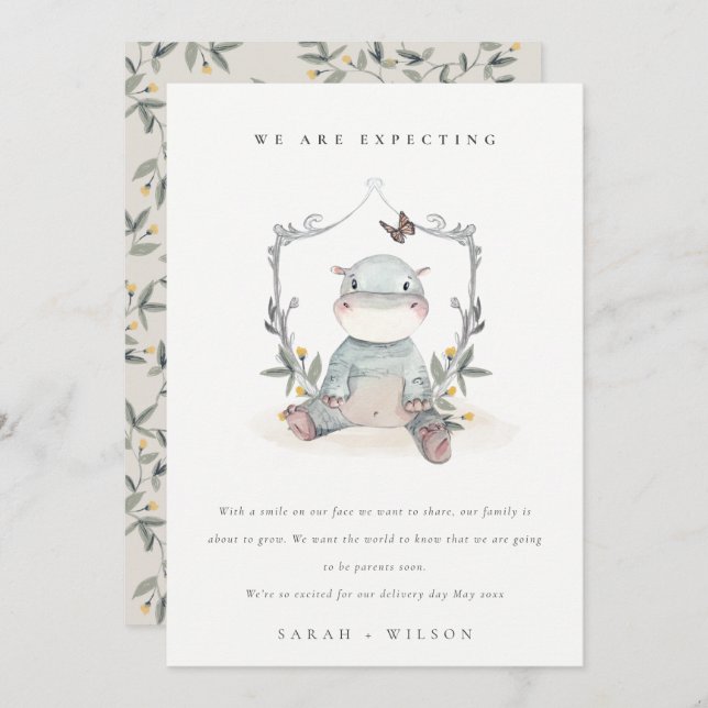 Cute Baby Hippo Foliage Balloon Baby Announcement  (Front/Back)