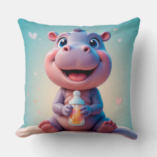 Cute Baby Hippo Holding Bottle Nursery Style 🦛 Cushion