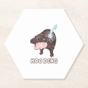 Cute Baby Hippo Moo Deng Bouncy Pig in Thai T-Shir Paper Coaster
