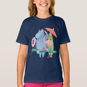 Cute Baby Hippo with Flamingo Custom Name   T-Shirt