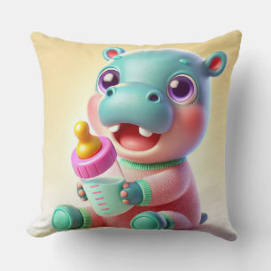 Cute Baby Hippo With Milk Bottle Nursery 🦛 Cushion