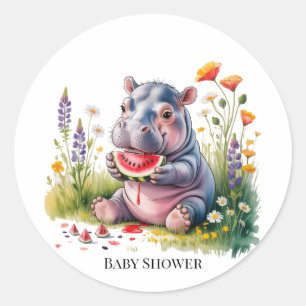 Cute Baby Hippopotamus Watermelon Baby Shower Classic Round Sticker