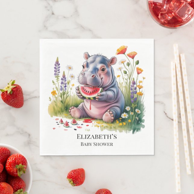 Cute Baby Hippopotamus Watermelon Baby Shower Napkin (Insitu)