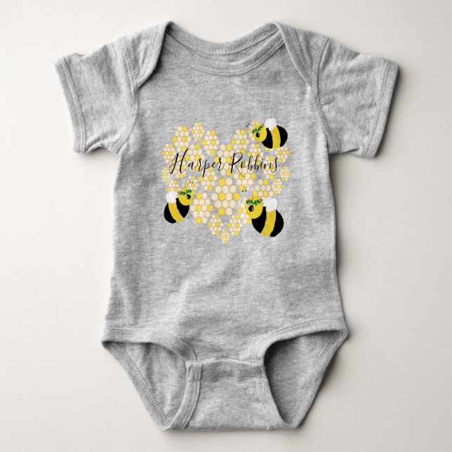 Cute Baby Honey Bee Honeycomb Heart with Name Baby Bodysuit (Front)