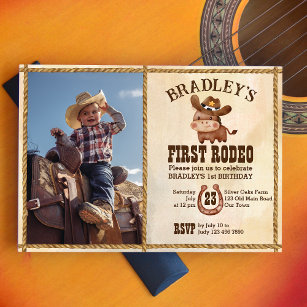 Cute baby horse first rodeo photo birthday  invitation