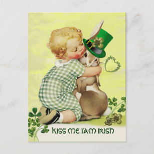 CUTE BABY HUGGING RABBIT  Irish St. Patrick's Day Postcard