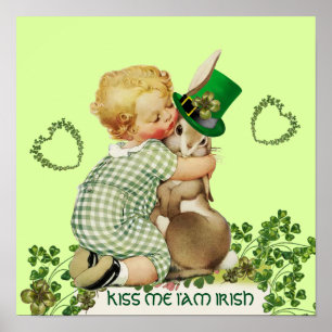 CUTE BABY HUGGING RABBIT Irish St. Patrick's Day Poster