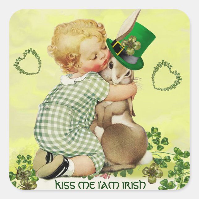 CUTE BABY HUGGING RABBIT IRISH ST. PATRICK'S DAY SQUARE STICKER (Front)