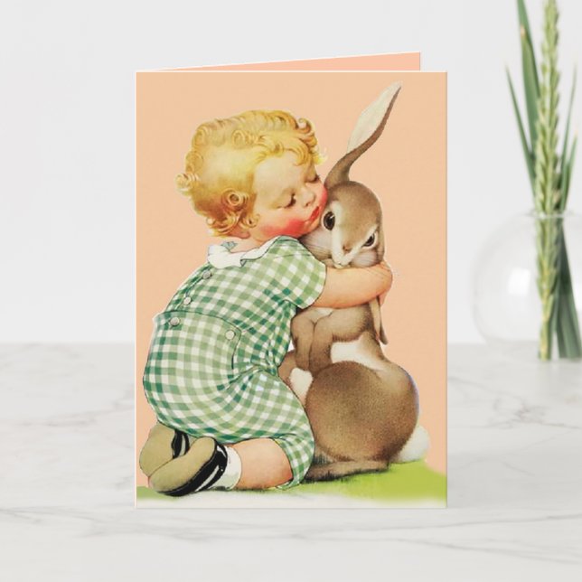CUTE BABY HUGGING RABBIT ,Pink Birthday Holiday Card (Front)