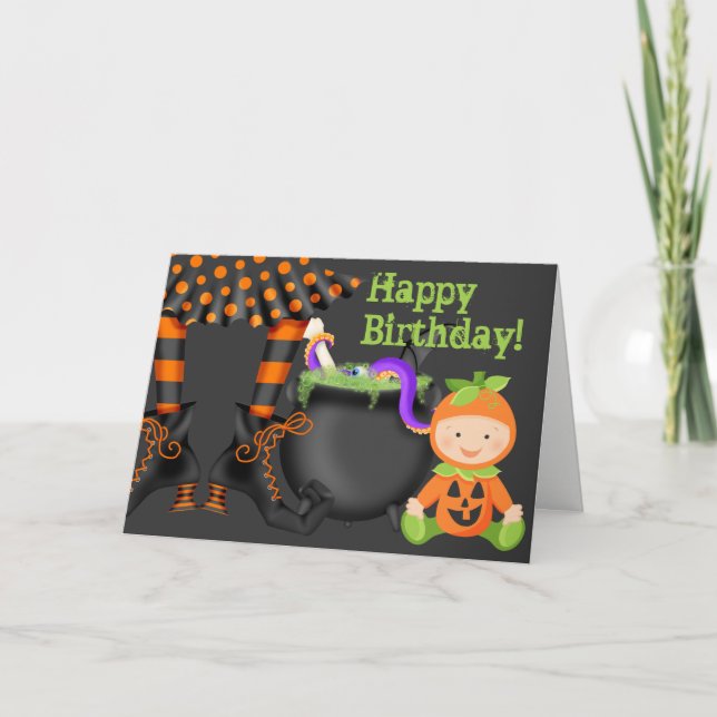 Cute Baby in Pumpkin Costume Halloween Birthday Card (Front)