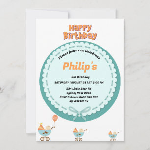 Cute baby in stroller birthday invitation